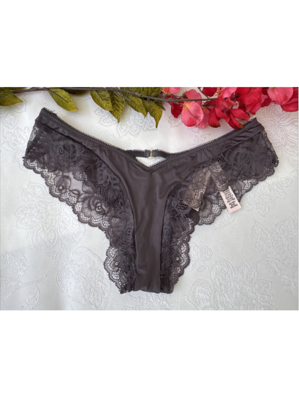 VICTORIA'S SECRET XS GRAY SILKY HI LEG CHEEKY PANTIES CUT OUT CHARM STRAPPY NWT